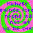 A static image with a green and pink spiral background displaying repeated text in blue pixelated font.