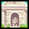 Pixel art scene of a classical stone archway with , an ornate central emblem, and green foliage under a light blue sky