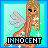 Pixel art of a winged figure with long blonde hair, brown skin, and white sparkles, seated on a light blue background with the word INNOCENT below.