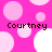 Pink background with light pink and white circles; four instances of the text 'Courtney' in dark brown pixelated font.