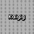 Pixelated text 'Koigig' in white with black outline on a gray grid background of small square tiles.