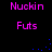 Pixelated text 'Nuckin' and 'Futs' in pink on black background with blue dot animations.
