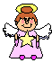 Pixelated angel figure with brown hair, yellow halo, white wings, pink dress, and changing star color