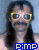 A person with long dark hair and a mustache wears yellow-framed sunglasses, standing against a light blue background with the text "PIMP" in blue pixelated letters below.