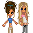 A 3x3 contact sheet of a pixel art animated icon featuring two cartoon women holding hands, with pink text arranged in a grid around them on a white background.