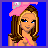 Pixelated cartoon woman with brown hair wearing pink hat, bikini top, and high heels, holding pink purse against blue background.