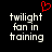 Black background with white pixelated text reading 'twilight fan in training' and a red heart symbol above the left side of the text.
