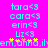 Pixelated text and symbols on a bright pink background with cyan, yellow, and orange elements arranged in two