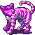 Pixelated cat with purple and pink gradient fur, standing in profile with tail curled upward, no visible text or clothing.