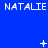 Blue background with repeated white text "NATALIE" and changing symbols above each of text