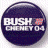 A four- displays political-themed circular icons with text and symbols, including 'BUSH CHENEY 04' and 'Stop The Bushies' text