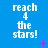 Blue background with repeated white text 'reach 4 the stars!' and scattered pink pixelated symbols.