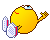 Yellow pixelated character with blue eyes and red mouth holding white-and-red object, alternating between raised arm and open-mouthed pose across frames.