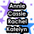 Pixelated text displays four names in stacked black rectangular blocks with white lettering, set against a background of purple and blue star shapes.