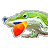 Pixelated green crocodile head with open mouth showing orange-red tongue, blue nose tip, and black eye on gray background.