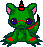 Green pixelated creature with pink ears, red accents on limbs and tail, blue eyes, small black horn, and open mouth in one frame.