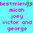 Pixelated text displays 'bestfriends' with a green heart symbol, followed by names 'micah', 'joey', 'victor and', 'george' in purple on a cyan background.