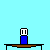 Pixelated blue figure with white head and black eyes shifts poses across on light blue background