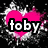 Four pink hearts with white splatter effects on black background, each containing text or symbol: 'toby', '=', 'my', and 'lover'.