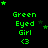 Green text reads 'Green Eyed Girl <3' with green stars scattered across a black background, showing animation changes in star positions and counts.