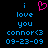 Pixelated text and a heart symbol on black background with blue text reading 'i love you connor<3 09-23-09' in two identical