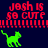 Pixelated green cat walks left to right beneath red text reading "josh is so cute" on dark blue background with red exclamation marks.