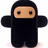 Pixelated character in black hooded outfit with brown face and dark eyes, red text on black background reading 'i have no f-in clue y i got this icon'.