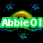 Green banner with 'Abbie01' text over black background with blue stars and rainbow, transitioning to four smiley faces on blue background with 'awsome' text.