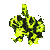 A pixelated green and black animated figure cycles through multiple poses against a gray background.