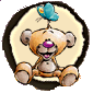 Animated cartoon teddy bear with light brown fur, purple nose, and blue butterfly on head or shoulder