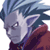 Pixelated static image of a character with gray skin, pointed ears, blue hair, and red clothing against white background.