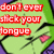 Green-skinned cartoon character with black eyebrows and pink lips, showing a mischievous expression across four of text