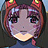 Pixelated anime-style character with purple hair, red cat ears, and a light-colored mouth area against a dark background.