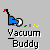 Pixel art icon of a blue vacuum cleaner with red flag, white wheels, and yellow dust particles, labeled 'Vacuum Buddy' below.
