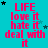 A static image with a cyan background displays repeated text in red and black, surrounded by small stars.