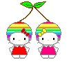 Two pixel-art Hello Kitty figures with rainbow hair and cherry stems, wearing red and pink dresses, displayed side-by-side on gray background.