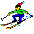 Animated contact sheet of a cartoon skier in green shirt and blue pants performing various skiing poses with red Santa hat, yellow ski poles, and orange-yellow skis against gray background.