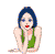 Animated sequence of a cartoon woman in a green tank top with blue hair, transitioning from resting her chin on hands to holding a red heart-shaped object.