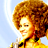 Pixelated static image of a person with voluminous curly hair and yellow clothing against light blue background.