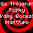 Red and black spiral background with white text reading 'Go Trojans! Go Trojans!', 'Tusky', 'Vally Rocks', 'Matthew' in pixelated font.