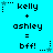 Pixelated text and symbols on cyan background with animated star effects, showing 'kelly + ashley = bff!' in multiple