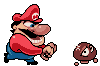 Pixel art animation of a character in red shirt and blue overalls throwing brown projectiles against gray background.