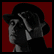 Pixelated static image of a person in profile with dark hair and light skin against a solid red background, rendered at low resolution with visible dithering and grayscale shading.