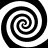 Four black-and-white spiral patterns arranged in a with alternating clockwise and counterclockwise rotations