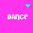 Pixelated pink background with four white 'DANCE' texts arranged in a , cyan heart and starburst symbols at top corners, and cyan dot cluster in center