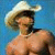 Static pixelated image of a shirtless person wearing a cowboy hat against a blue background with visible dithering and low-resolution rendering artifacts.