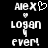 Pixelated white text and symbols on black background: 'ALEX' with heart symbol, 'LOGAN', 'ever!' with small heart above 'LOGAN'.