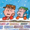 Two cartoon characters stand behind a brick wall in a snowy scene; one wears a brown cap and red jacket, the other a green headscarf and blue shawl.