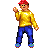 Pixel art character in yellow shirt and blue pants performing a bouncing motion sequence with red cap.