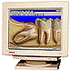 Four CRT monitors display different screen content: a dental model with blue header, -based interface, spreadsheet-like layout, and layered graphic